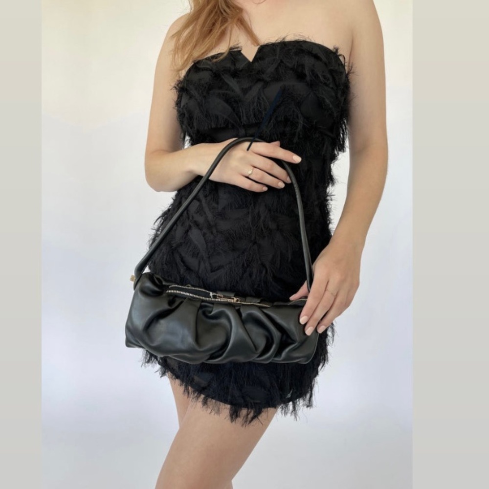 Adam Lippes 100% silk strapless tiered frayed trim mini dress. 🖤